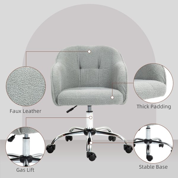 HOMCOM Swivel Armchair withTall Back, Teddy Fleece Office Chair, Makeup Vanity Chair with Height Adjustable, Wheels, for Home Study, Grey Aosom UK