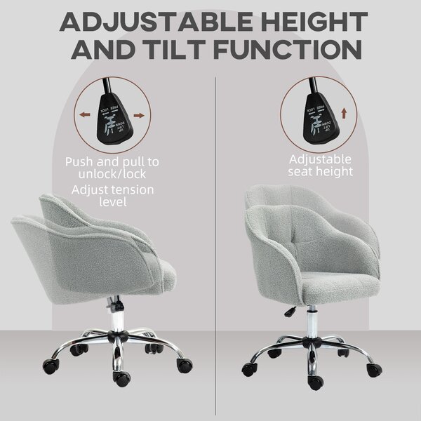 HOMCOM Swivel Armchair withTall Back, Teddy Fleece Office Chair, Makeup Vanity Chair with Height Adjustable, Wheels, for Home Study, Grey Aosom UK