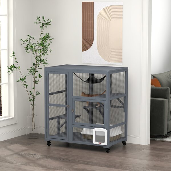 PawHut Cat Cage House, Catio Cat Outdoor Enclosure on Wheels, Weather-Resistant Wooden Kitty Cage with Platforms, Hammock, Light Grey Aosom UK