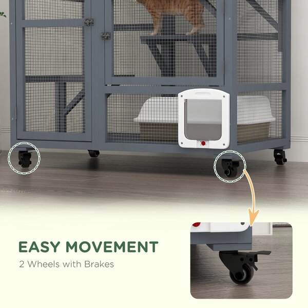 PawHut Cat Cage House, Catio Cat Outdoor Enclosure on Wheels, Weather-Resistant Wooden Kitty Cage with Platforms, Hammock, Light Grey Aosom UK