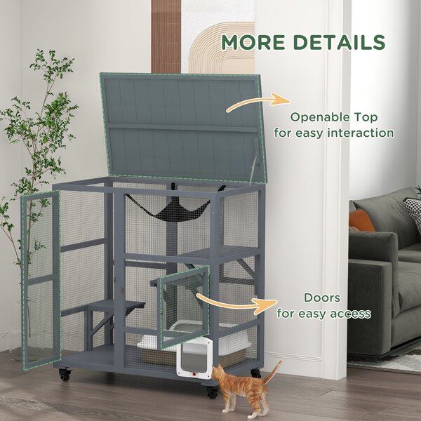 PawHut Cat Cage House, Catio Cat Outdoor Enclosure on Wheels, Weather-Resistant Wooden Kitty Cage with Platforms, Hammock, Light Grey Aosom UK