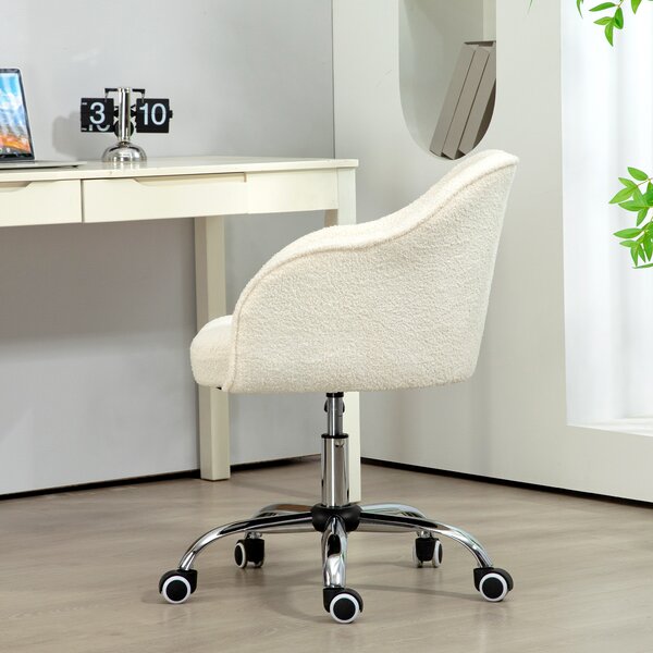 HOMCOM Swivel Armchair withTall Back, Teddy Fleece Office Chair, Makeup Vanity Chair with Height Adjustable, Wheels, Cream White Aosom UK