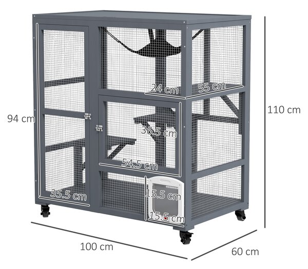 PawHut Cat Cage House, Catio Cat Outdoor Enclosure on Wheels, Weather-Resistant Wooden Kitty Cage with Platforms, Hammock, Light Grey Aosom UK