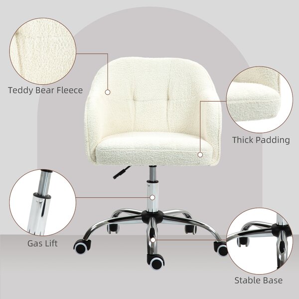 HOMCOM Swivel Armchair withTall Back, Teddy Fleece Office Chair, Makeup Vanity Chair with Height Adjustable, Wheels, Cream White Aosom UK