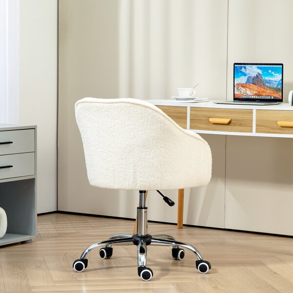 HOMCOM Swivel Armchair withTall Back, Teddy Fleece Office Chair, Makeup Vanity Chair with Height Adjustable, Wheels, Cream White Aosom UK