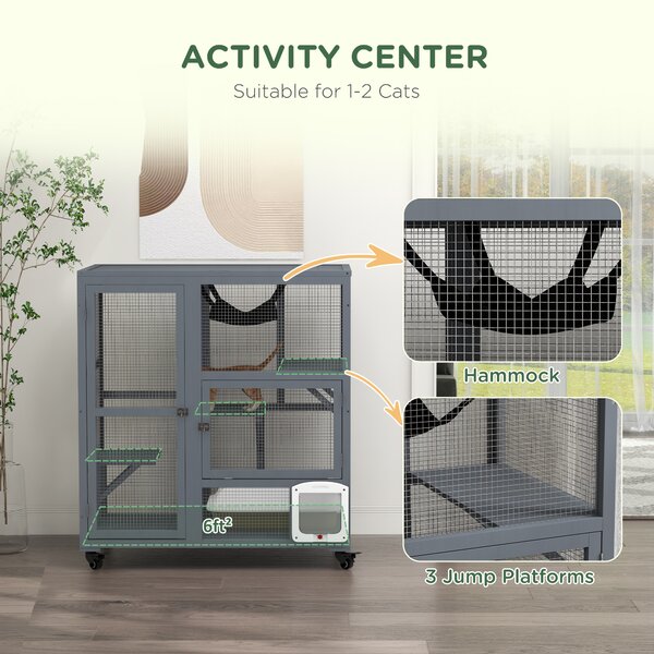 PawHut Cat Cage House, Catio Cat Outdoor Enclosure on Wheels, Weather-Resistant Wooden Kitty Cage with Platforms, Hammock, Light Grey Aosom UK
