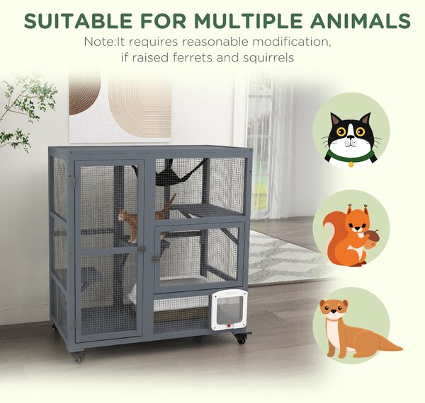 PawHut Cat Cage House, Catio Cat Outdoor Enclosure on Wheels, Weather-Resistant Wooden Kitty Cage with Platforms, Hammock, Light Grey Aosom UK