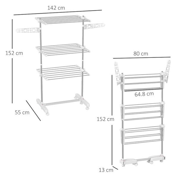 HOMCOM 3 Tier Clothes Airer with Wheels and Wings, Dry Soon Airer with Stainless Steel, Easy Assembly Indoor and Outdoor, White & Silver Aosom UK