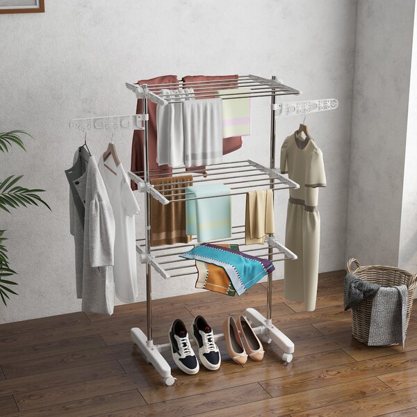 HOMCOM 3 Tier Clothes Airer with Wheels and Wings, Dry Soon Airer with Stainless Steel, Easy Assembly Indoor and Outdoor, White & Silver Aosom UK