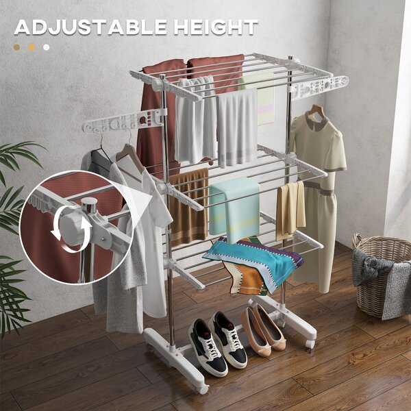 HOMCOM 3 Tier Clothes Airer with Wheels and Wings, Dry Soon Airer with Stainless Steel, Easy Assembly Indoor and Outdoor, White & Silver Aosom UK