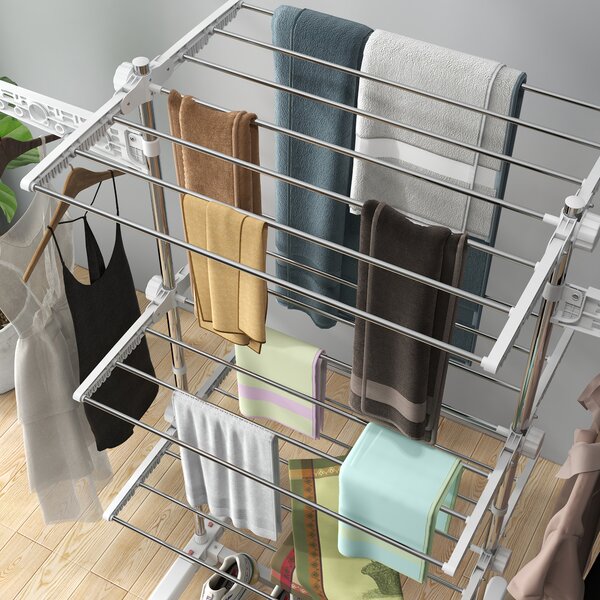 HOMCOM 3 Tier Clothes Airer with Wheels and Wings, Dry Soon Airer with Stainless Steel, Easy Assembly Indoor and Outdoor, White & Silver Aosom UK