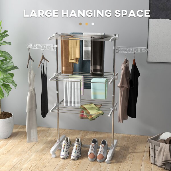 HOMCOM 3 Tier Clothes Airer with Wheels and Wings, Dry Soon Airer with Stainless Steel, Easy Assembly Indoor and Outdoor, White & Silver Aosom UK