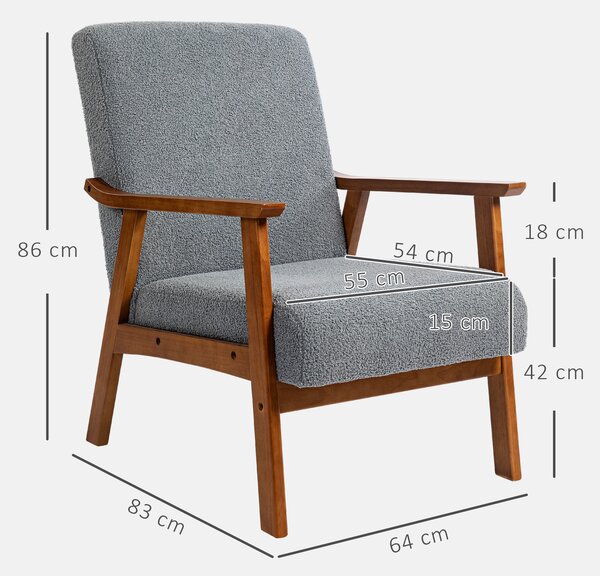 HOMCOM Armchair with Wide Seat, Boucle Accent Chair, Thick Padded Occasional Chair with Solid Wood Frame for Living Room, Grey Aosom UK