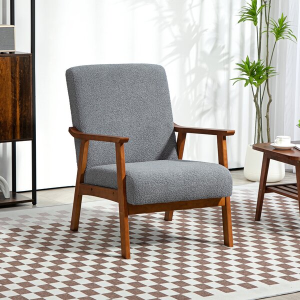 HOMCOM Armchair with Wide Seat, Boucle Accent Chair, Thick Padded Occasional Chair with Solid Wood Frame for Living Room, Grey Aosom UK