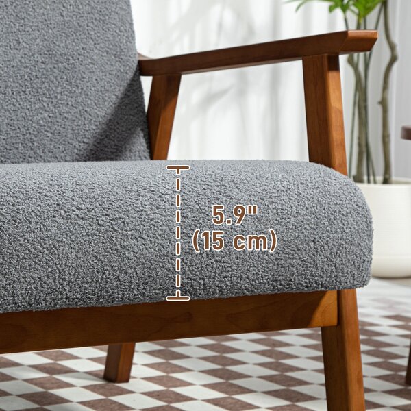 HOMCOM Armchair with Wide Seat, Boucle Accent Chair, Thick Padded Occasional Chair with Solid Wood Frame for Living Room, Grey Aosom UK