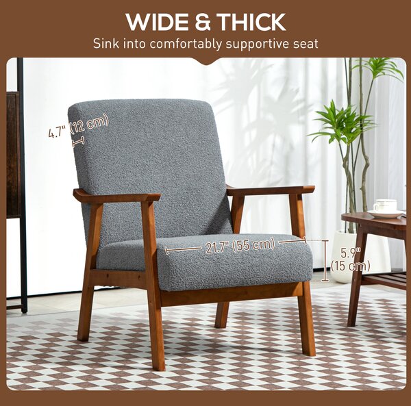 HOMCOM Armchair with Wide Seat, Boucle Accent Chair, Thick Padded Occasional Chair with Solid Wood Frame for Living Room, Grey Aosom UK