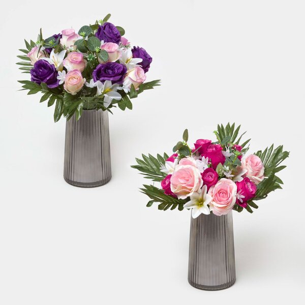 Homescapes Rose & Lily Bouquet, Pink & Purple Set of 2