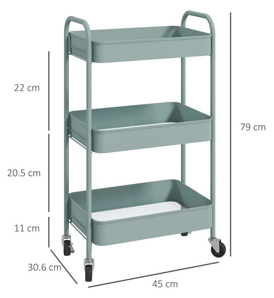 HOMCOM Three-Tier Steel Storage Trolley - Light Blue Aosom UK