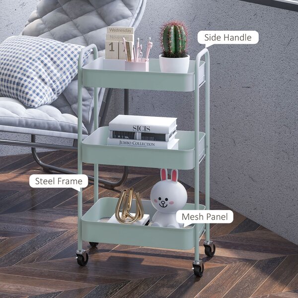 HOMCOM Three-Tier Steel Storage Trolley - Light Blue Aosom UK