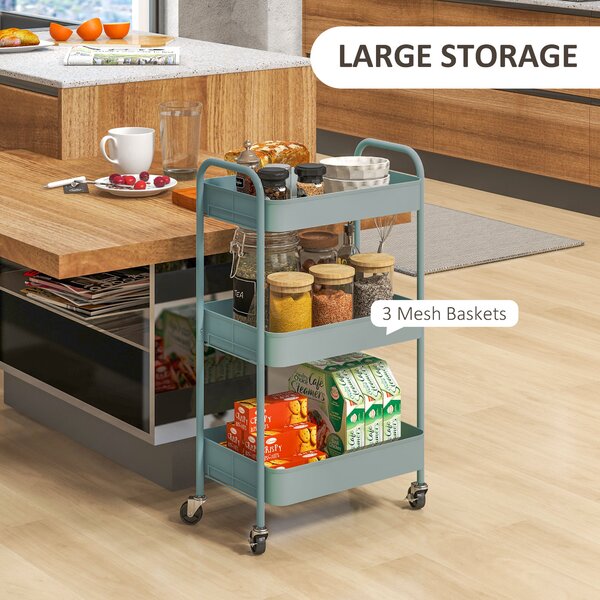 HOMCOM Three-Tier Steel Storage Trolley - Light Blue Aosom UK