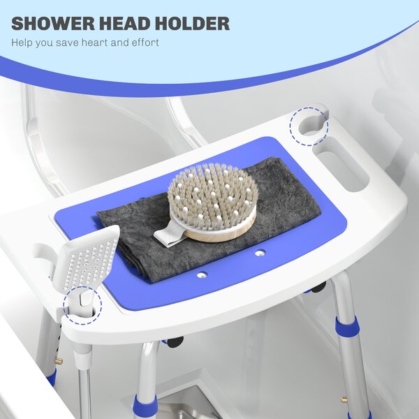 HOMCOM Shower Stool with Backrest, Height Adjustable Shower Chair with Anti-slip Foot Pads, Shower Head Holder, Blue Aosom UK