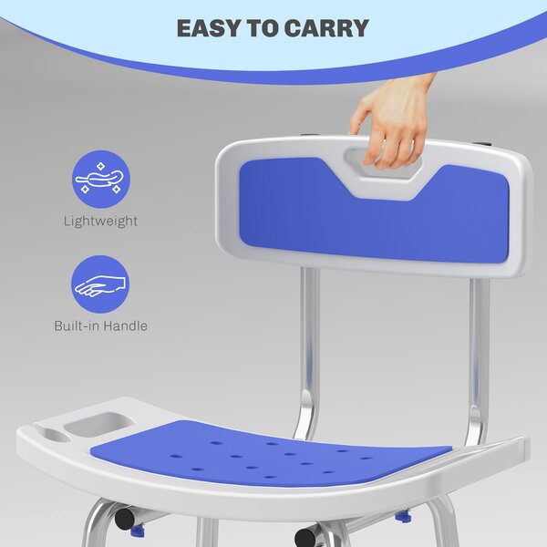 HOMCOM Shower Stool with Backrest, Height Adjustable Shower Chair with Anti-slip Foot Pads, Shower Head Holder, Blue Aosom UK