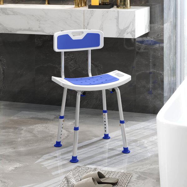HOMCOM Shower Stool with Backrest, Height Adjustable Shower Chair with Anti-slip Foot Pads, Shower Head Holder, Blue Aosom UK