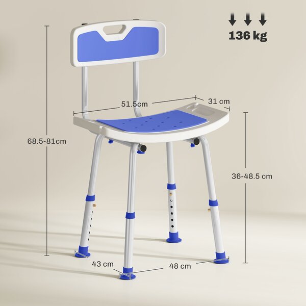 HOMCOM Shower Stool with Backrest, Height Adjustable Shower Chair with Anti-slip Foot Pads, Shower Head Holder, Blue Aosom UK