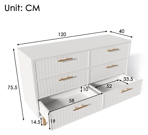 Modern Sideboard Storage Cabinet with 6-Drawer Chest, Adjustable Metal Leg and Decorative Handles, for Living Room, 120x40x75.5 cm, White Aosom UK