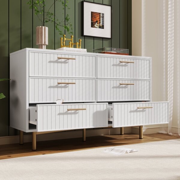 Modern Sideboard Storage Cabinet with 6-Drawer Chest, Adjustable Metal Leg and Decorative Handles, for Living Room, 120x40x75.5 cm, White Aosom UK