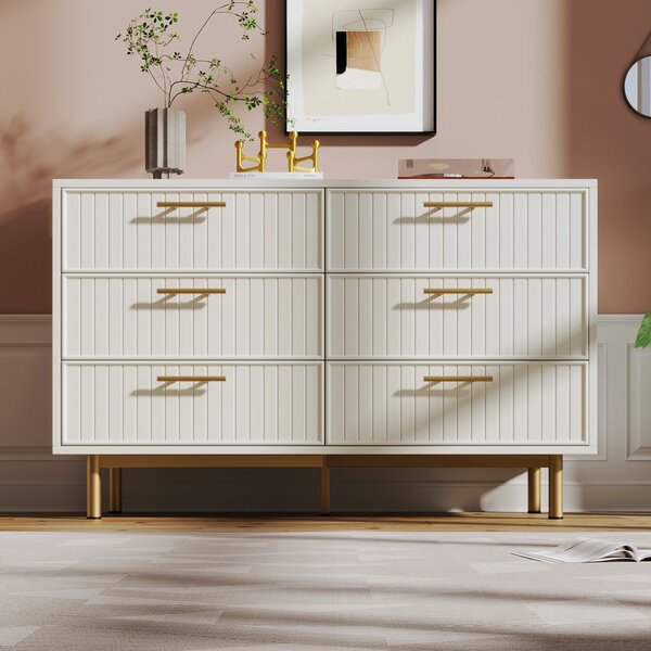 Modern Sideboard Storage Cabinet with 6-Drawer Chest, Adjustable Metal Leg and Decorative Handles, for Living Room, 120x40x75.5 cm, White Aosom UK