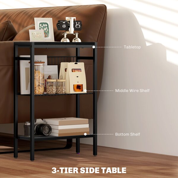 HOMCOM Steel Bedside Table, Sturdy Three Shelf Industrial Side Table with Adjustable Feet, 62.5H x 43W x 18Dcm, Maximum load 12kg, Black Aosom UK
