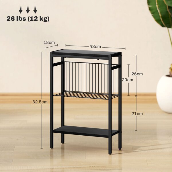 HOMCOM Steel Bedside Table, Sturdy Three Shelf Industrial Side Table with Adjustable Feet, 62.5H x 43W x 18Dcm, Maximum load 12kg, Black Aosom UK