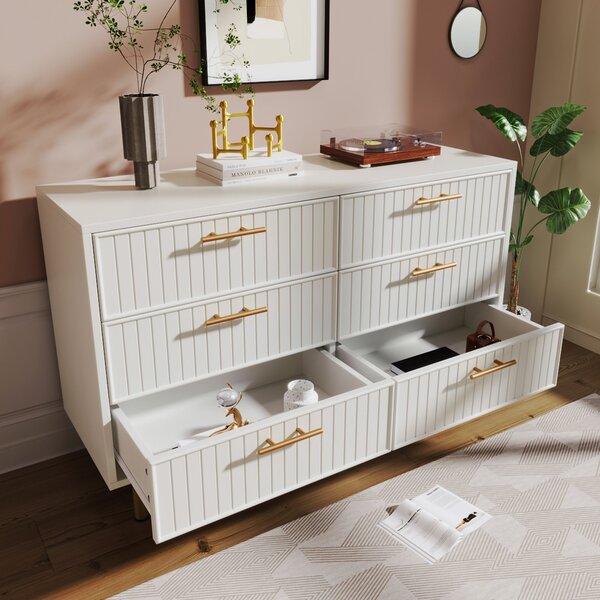 Modern Sideboard Storage Cabinet with 6-Drawer Chest, Adjustable Metal Leg and Decorative Handles, for Living Room, 120x40x75.5 cm, White Aosom UK