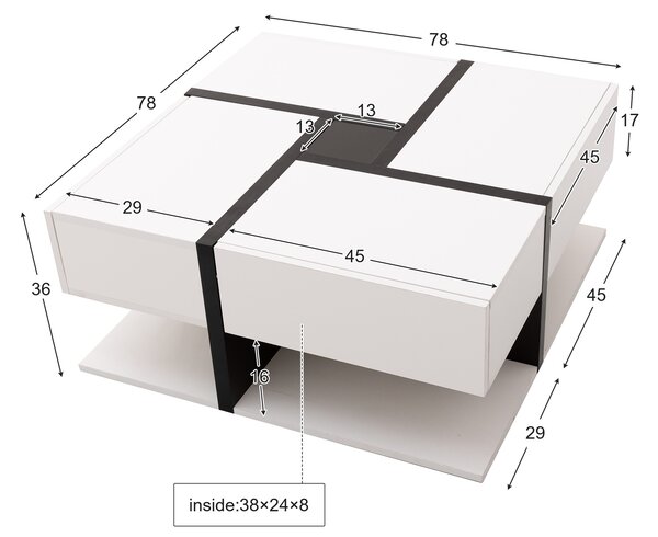 White Coffee Table with 4 Drawers and Bottom Open Storage Space, Living Room Table with Unique Pattern for Sofa Side, 78x78x36 cm, White Aosom.UK