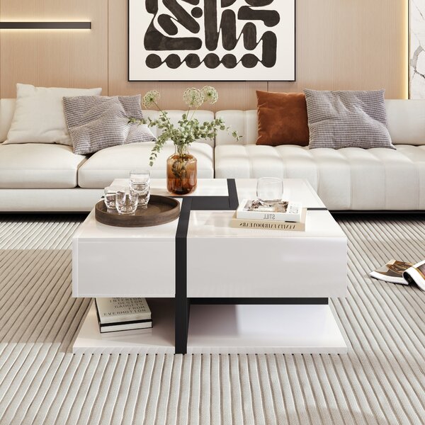 White Coffee Table with 4 Drawers and Bottom Open Storage Space, Living Room Table with Unique Pattern for Sofa Side, 78x78x36 cm, White Aosom.UK