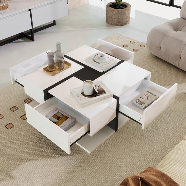 White Coffee Table with 4 Drawers and Bottom Open Storage Space, Living Room Table with Unique Pattern for Sofa Side, 78x78x36 cm, White Aosom.UK