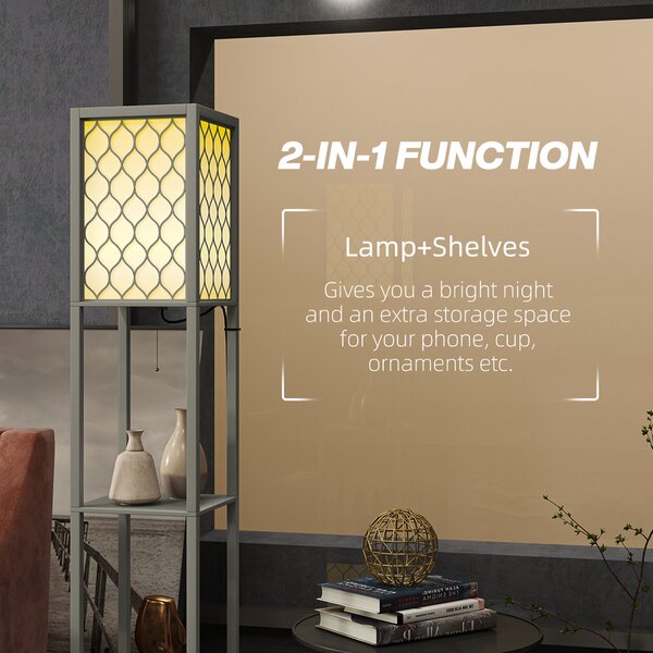 HOMCOM Floor Lamp with Shelves, Dual Light, Modern Tall Standing Lamps, with Pull Chain Switch (Bulb not Included), Light Grey Aosom UK