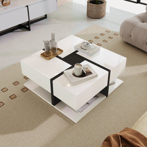 White Coffee Table with 4 Drawers and Bottom Open Storage Space, Living Room Table with Unique Pattern for Sofa Side, 78x78x36 cm, White Aosom.UK