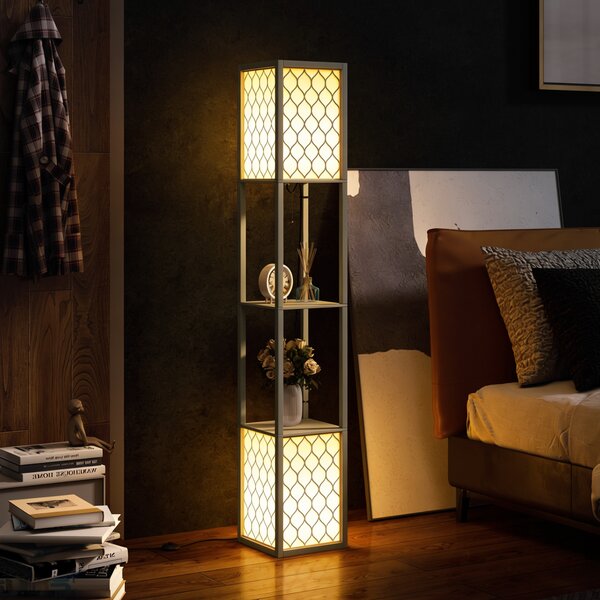 HOMCOM Floor Lamp with Shelves, Dual Light, Modern Tall Standing Lamps, with Pull Chain Switch (Bulb not Included), Light Grey Aosom UK