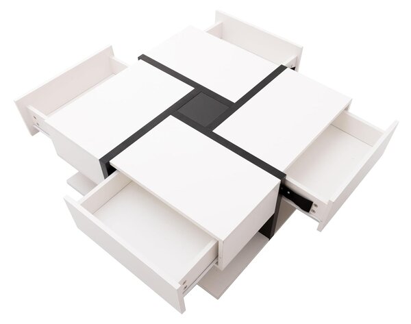 White Coffee Table with 4 Drawers and Bottom Open Storage Space, Living Room Table with Unique Pattern for Sofa Side, 78x78x36 cm, White Aosom.UK