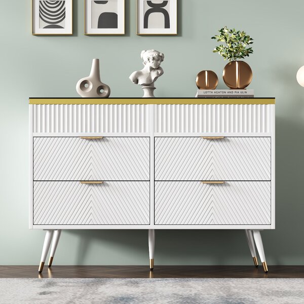 Anti-tip Sideboard Cabinet with 6 Storage Drawers, Amber Glass, Wood Chest of Drawers for Living Room, Bedroom, 120L x 40W x 76H cm, White Aosom.UK