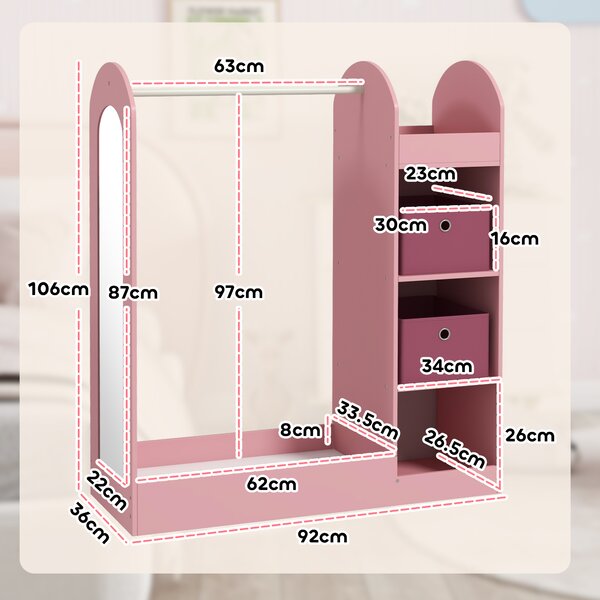 AIYAPLAY Kids Clothes Rail with Storage Shelf, Boxes, Mirror for Bedroom, Nursery, Pink Aosom UK