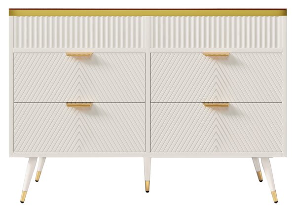 Anti-tip Sideboard Cabinet with 6 Storage Drawers, Amber Glass, Wood Chest of Drawers for Living Room, Bedroom, 120L x 40W x 76H cm, White Aosom.UK