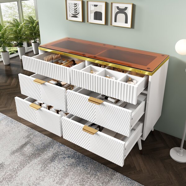 Anti-tip Sideboard Cabinet with 6 Storage Drawers, Amber Glass, Wood Chest of Drawers for Living Room, Bedroom, 120L x 40W x 76H cm, White Aosom.UK