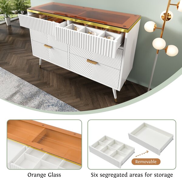 Anti-tip Sideboard Cabinet with 6 Storage Drawers, Amber Glass, Wood Chest of Drawers for Living Room, Bedroom, 120L x 40W x 76H cm, White Aosom.UK