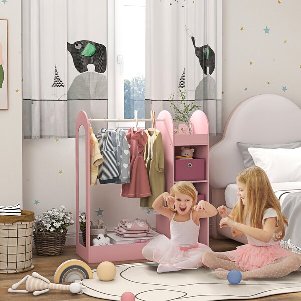 AIYAPLAY Kids Clothes Rail with Storage Shelf, Boxes, Mirror for Bedroom, Nursery, Pink Aosom UK
