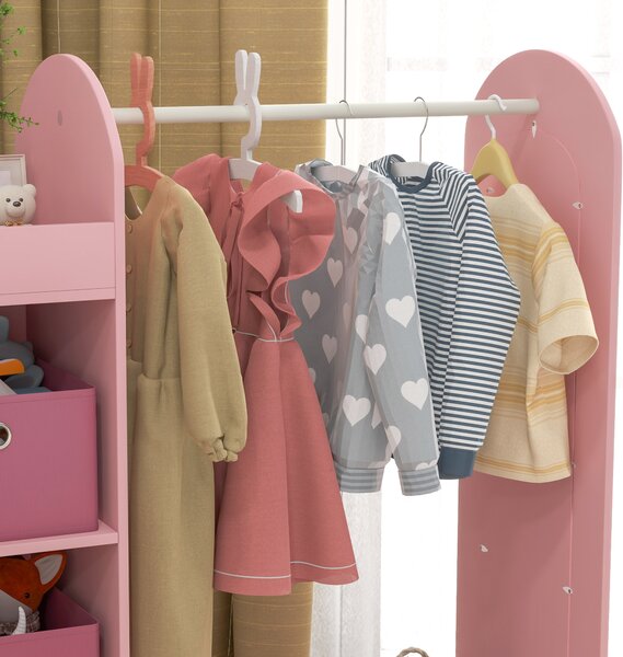 AIYAPLAY Kids Clothes Rail with Storage Shelf, Boxes, Mirror for Bedroom, Nursery, Pink Aosom UK