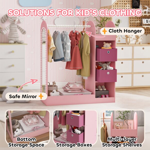 AIYAPLAY Kids Clothes Rail with Storage Shelf, Boxes, Mirror for Bedroom, Nursery, Pink Aosom UK