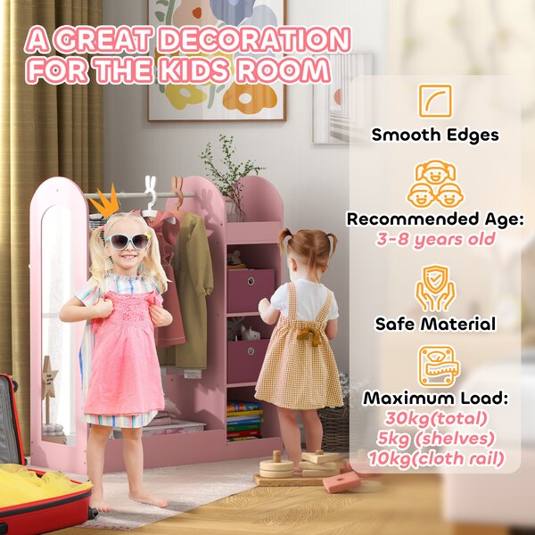 AIYAPLAY Kids Clothes Rail with Storage Shelf, Boxes, Mirror for Bedroom, Nursery, Pink Aosom UK